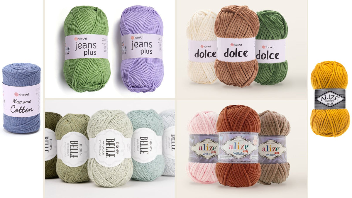 YarnArt Macrame Cotton, YarnArt Jeans Plus, DROPS Belle, YarnArt Dolce chenille and Alize Superlana Maxi: five yarns for different crochet projects