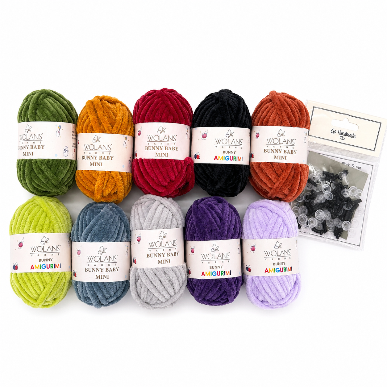 Kit di filati amigurumi toni audaci — 10 gomitoli Bunny Baby Mini + occhietti di sicurezza