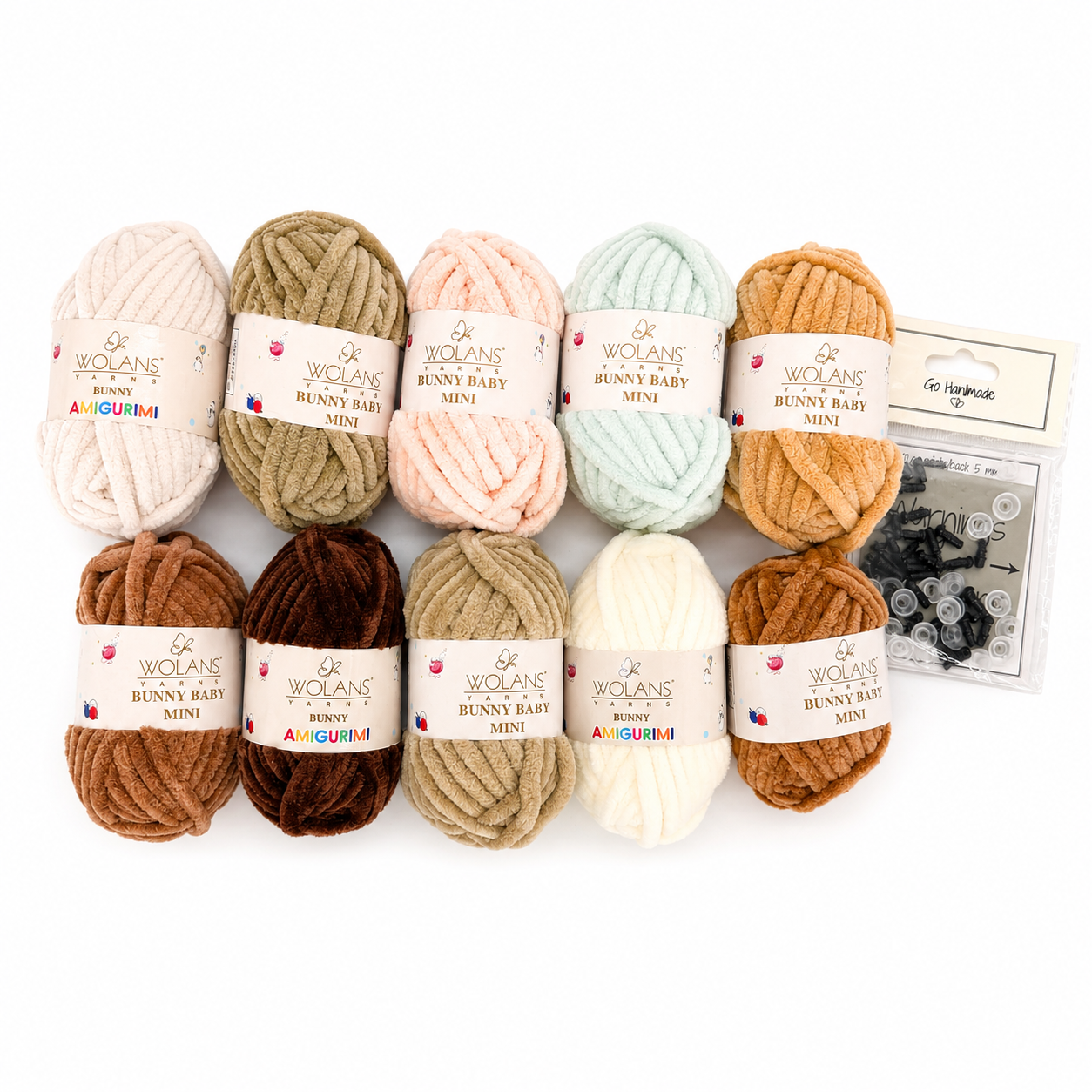 Kit di filati amigurumi toni neutri — 10 gomitoli Bunny Baby Mini + occhietti di sicurezza