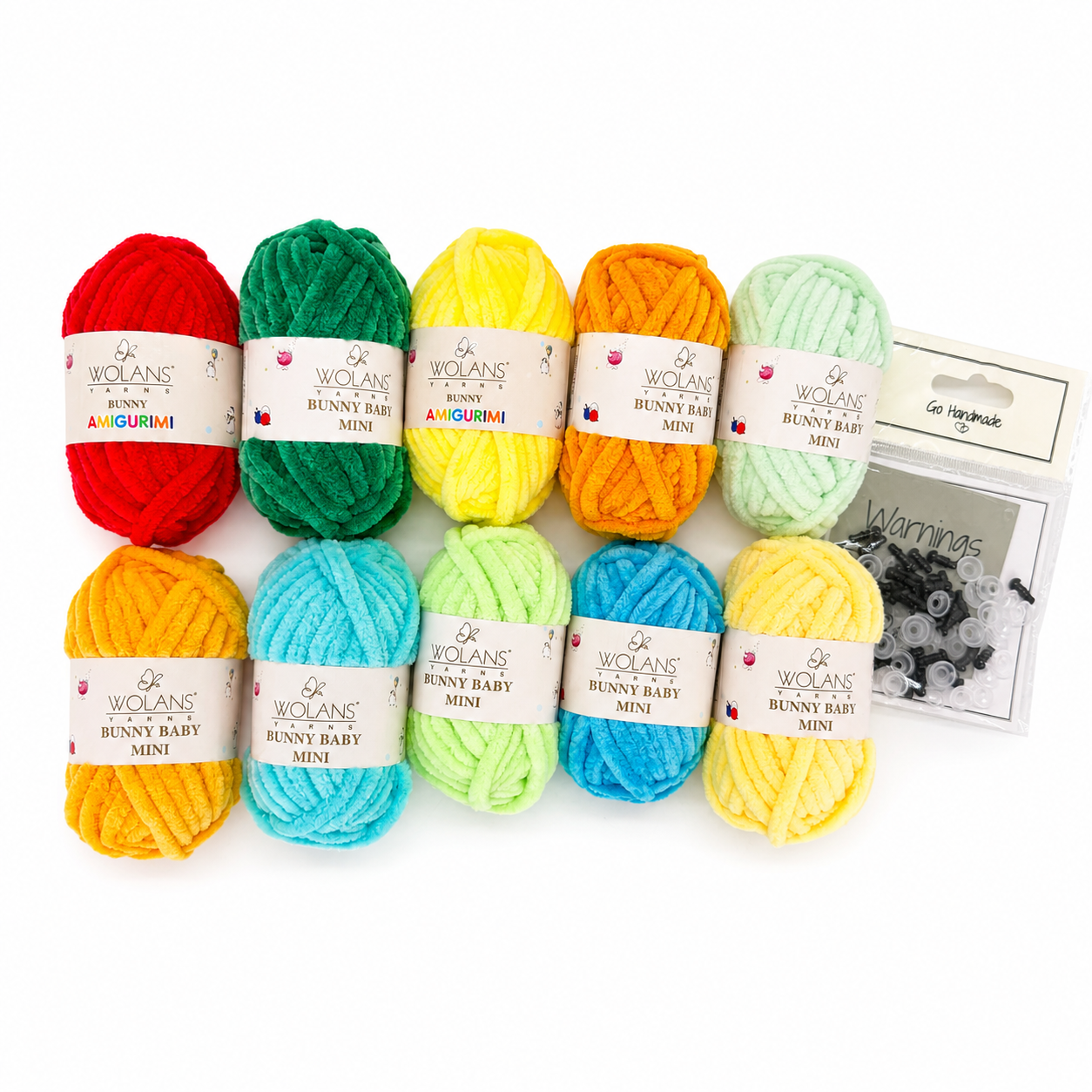 Kit di filati amigurumi dai colori vivaci — 10 gomitoli Bunny Baby Mini + occhietti di sicurezza