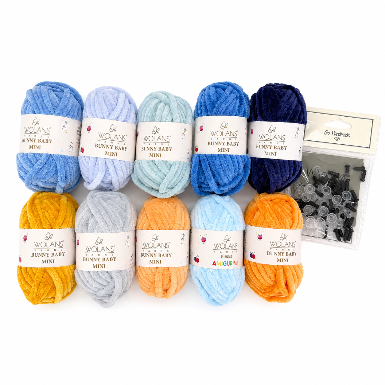 Kit di filati amigurumi mare — 10 gomitoli Bunny Baby Mini blu e arancione + occhietti di sicurezza