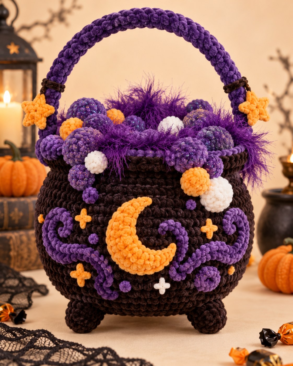 Idea: crochet cauldron basket for Halloween treats – inspiration only, no pattern included
