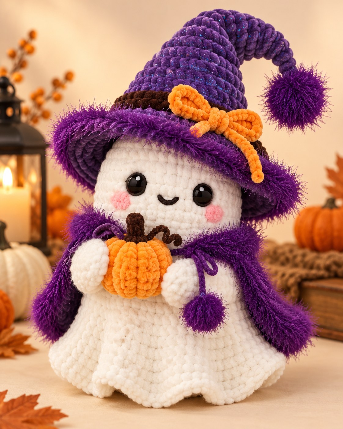 Idea: crochet ghost in a witch hat with a pumpkin – inspiration only, no pattern included